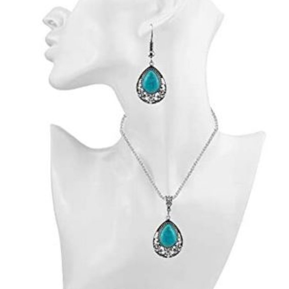 Turquoise Rhinestone Earrings Necklace Jewelry Set